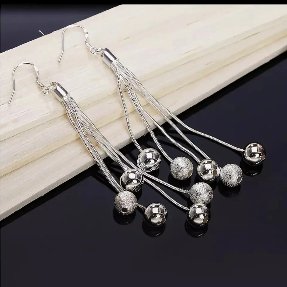 DANGLING BALL CHARM EARRINGS 925 STERLING SILVER - Picture 1 of 2